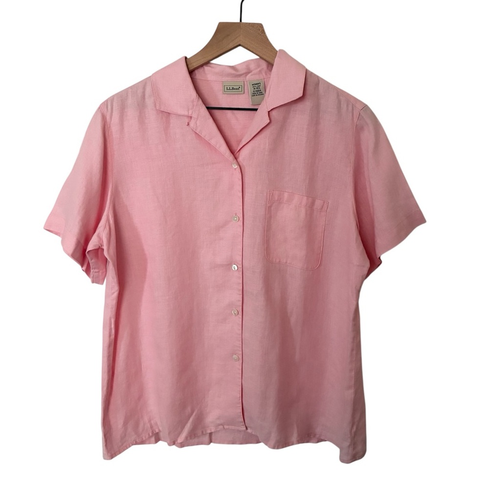 Women's L.L. Bean Pink Button-up Linen Short Sleeve Shirt